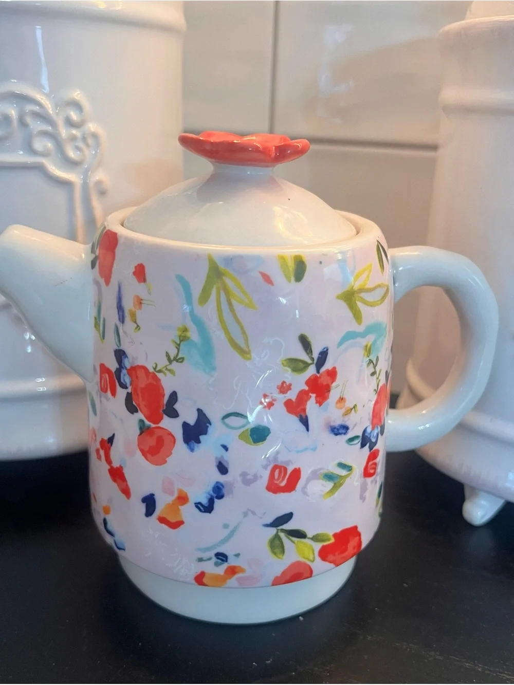 Anthropologie Luna Tea for One Ceramic Teapot with Pink Flower Lid Knob